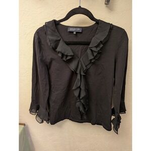 JONES NEW YORK SIGNATURE Black Ruffle V-Neck 3/4 Sleeve Blouse Top Women's L